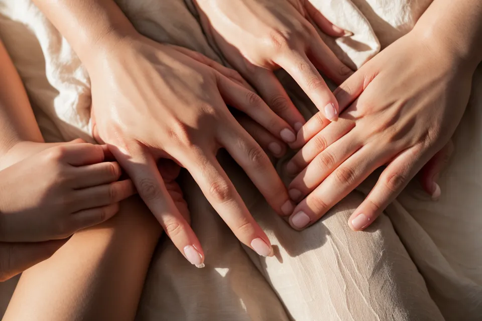 Mains rapprochées sur la couette, symbole de vie de couple et d'intimité retrouvée dans une chambre pensée pour le bien-être parental