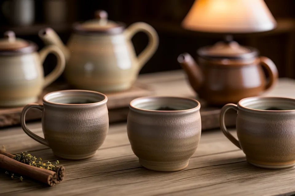 Deux tasses de tisane fumante posées sur une table en bois le soir