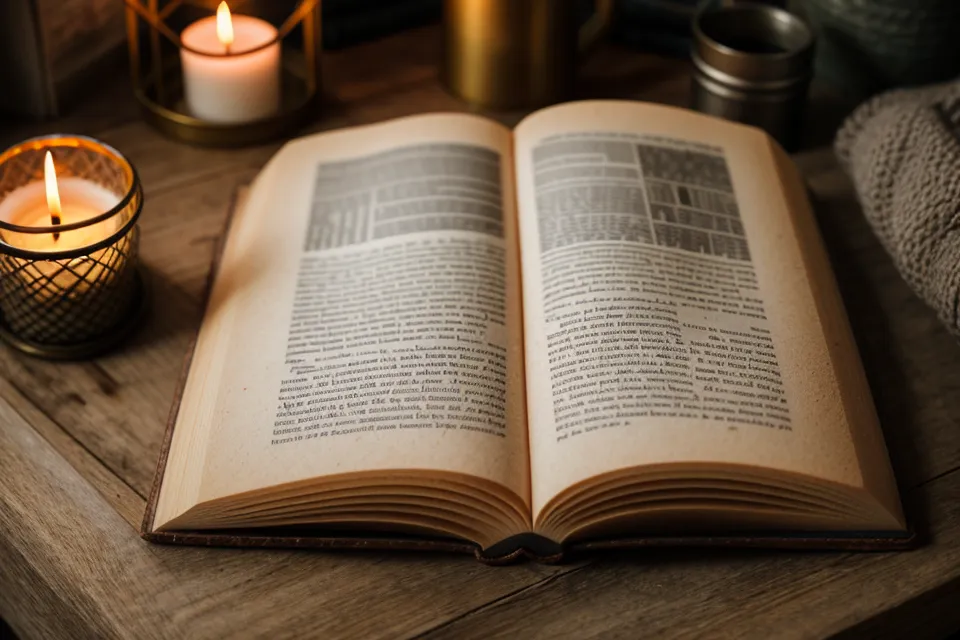 Bien-être émotionnel du couple : un livre ouvert sur un plaid douillet à côté d'une bougie allumée