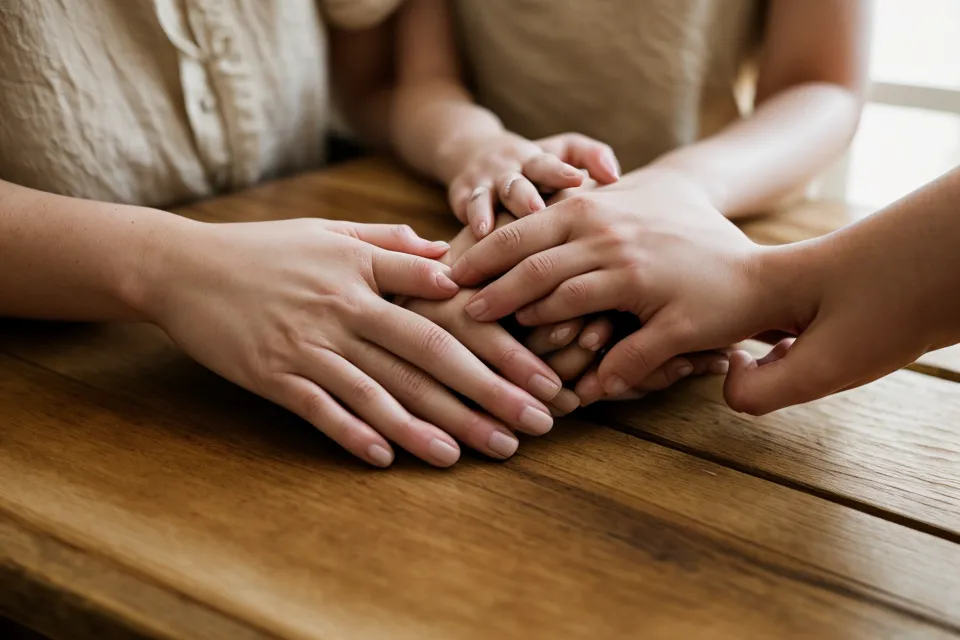 Geste tendre entre partenaires, signe d'intimité émotionnelle retrouvée au cœur de la vie de parents