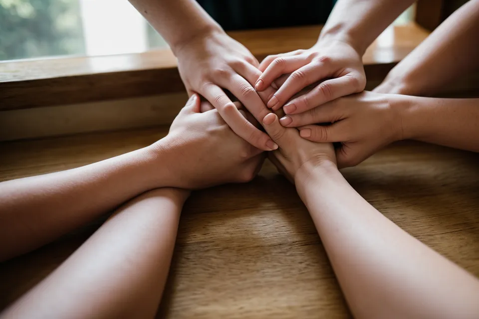 Rituel de connexion : deux mains qui se rapprochent sur la table, geste simple de complicité de couple au quotidien