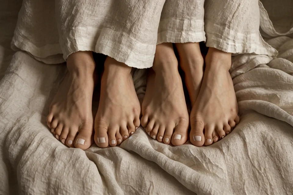 Pieds qui se frôlent sous la couette, image de proximité et de tendresse au quotidien dans le couple.