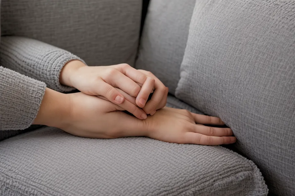 Deux mains rapprochées sur un canapé gris, image de tendresse et de complicité de couple en pleine reconstruction émotionnelle
