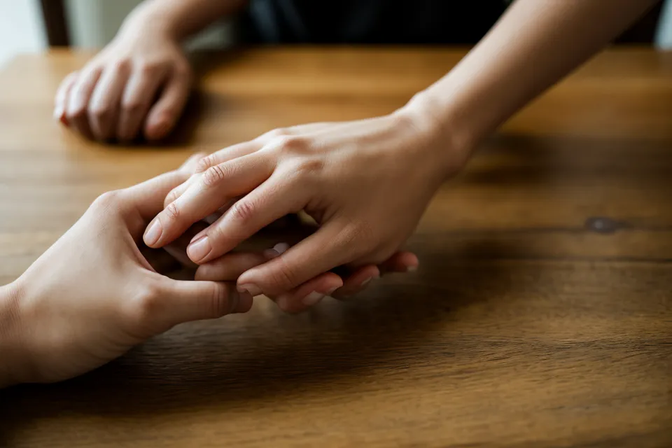 Gros plan de deux mains qui s'effleurent sur une table en bois, symbole d'intimité de couple et de contact physique retrouvé