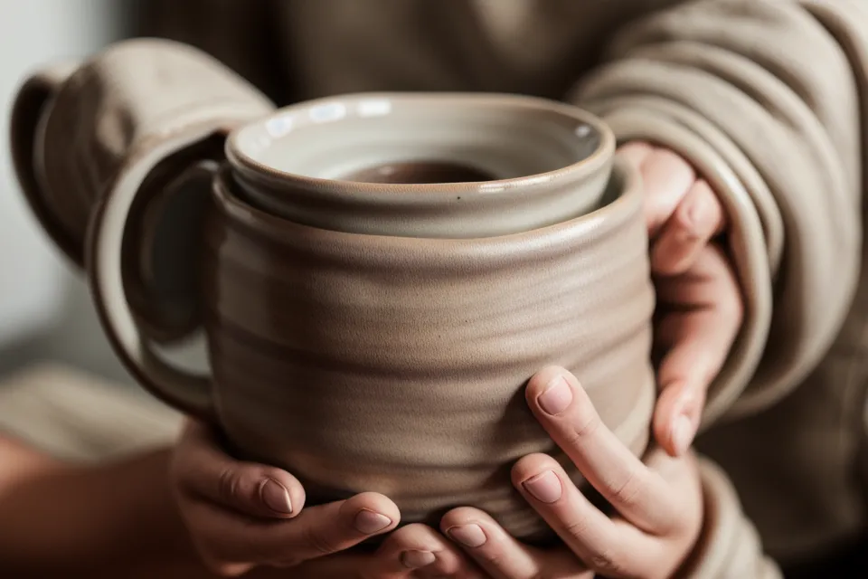 Mains froides serrées autour d'une tasse de thé chaude, image du soutien émotionnel silencieux après un deuil en couple