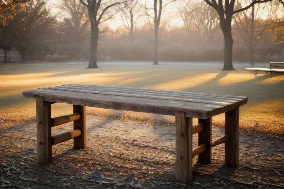 Banc en bois couvert de givre au bord de l'eau, au Jardin des Deux Rives à Strasbourg, lieu d'un moment de reconnexion en couple