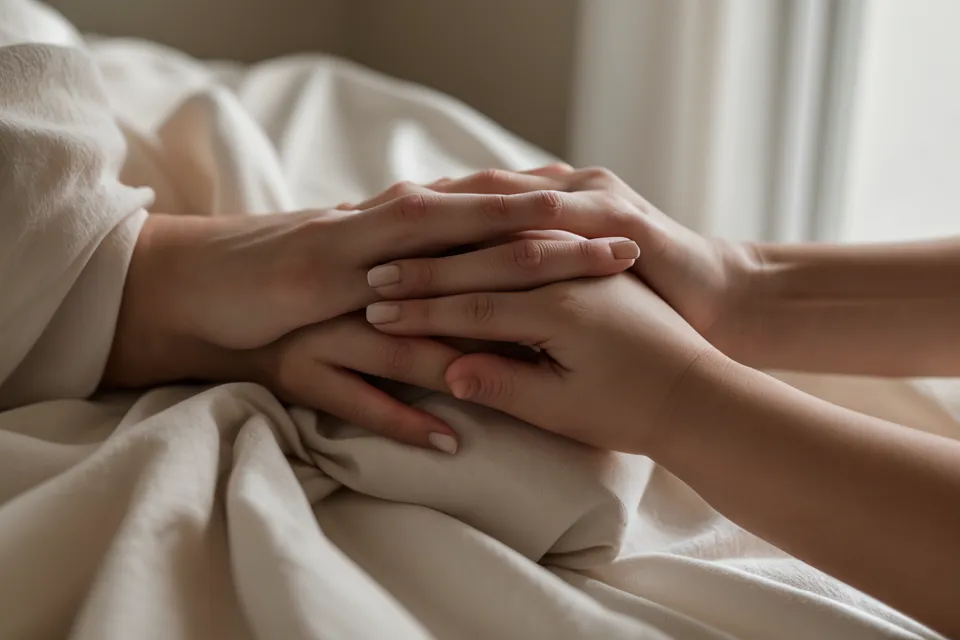 Gros plan de deux mains proches l'une de l'autre sur des draps en coton blanc, image de connexion de couple et de bonheur-couette.