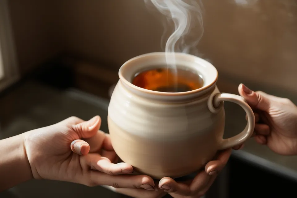 Mug de thé chaud tenu à deux mains devant une fenêtre embuée, juste avant d'exprimer un besoin affectif à son partenaire