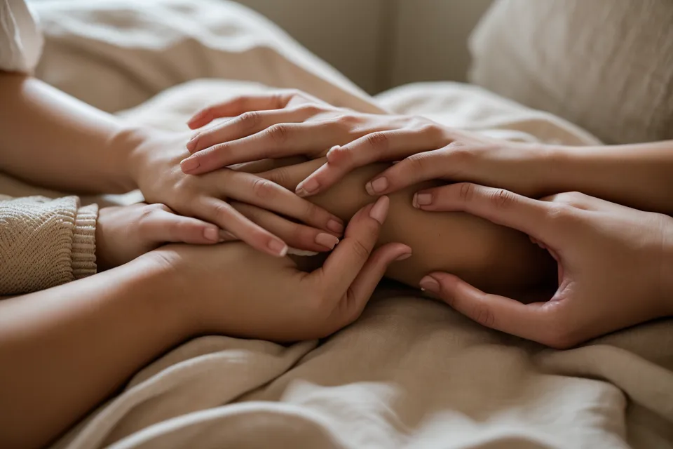 Un guide de couple posé sur la table de chevet sous une lampe chaude, en soirée à la maison