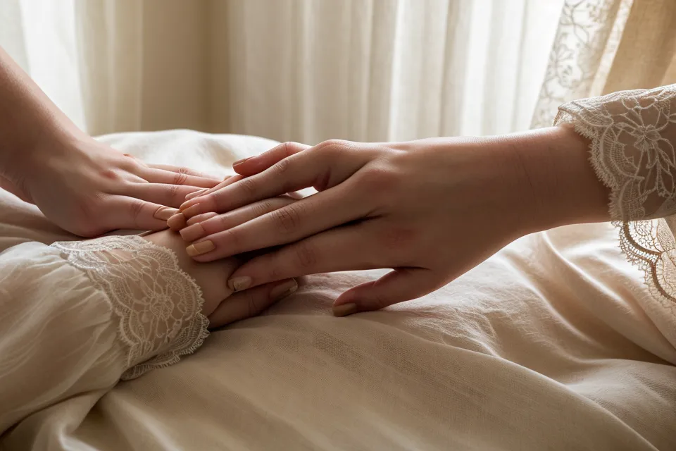 Complicité et tendresse retrouvées : gros plan de deux mains qui se frôlent sur des draps en lin lavé, signe d'intimité de couple qui revient