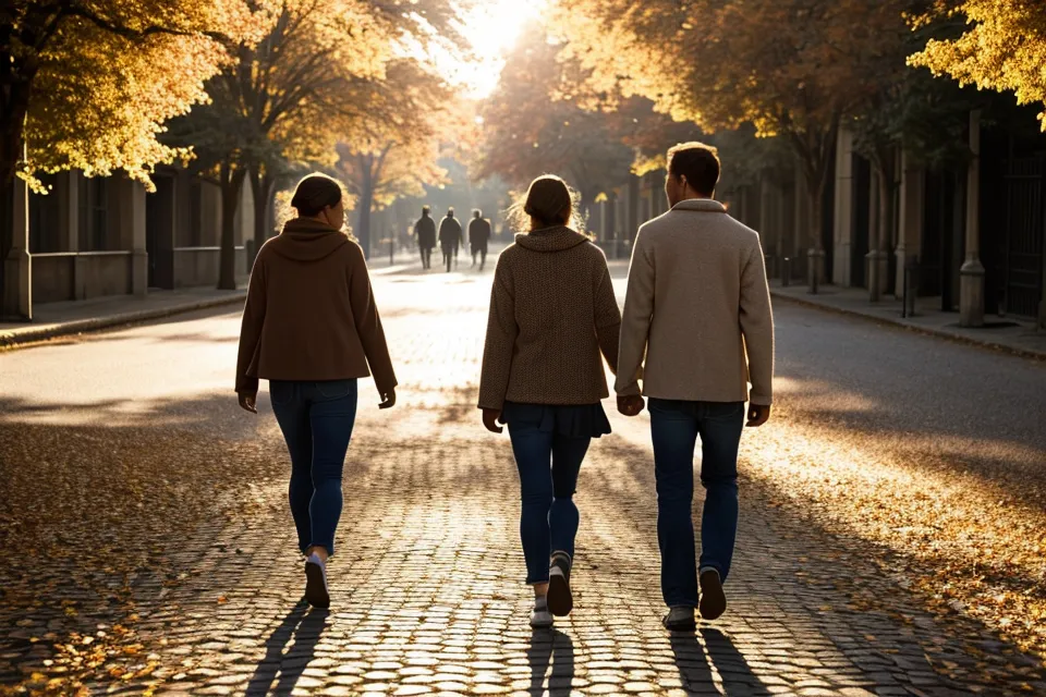 Vie quotidienne apaisée : un couple qui marche côte à côte après avoir mieux géré un désaccord