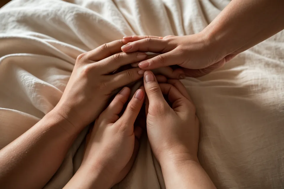 Deux mains qui se cherchent sur une table en bois, en quête de complicité et d'intimité retrouvée dans le couple