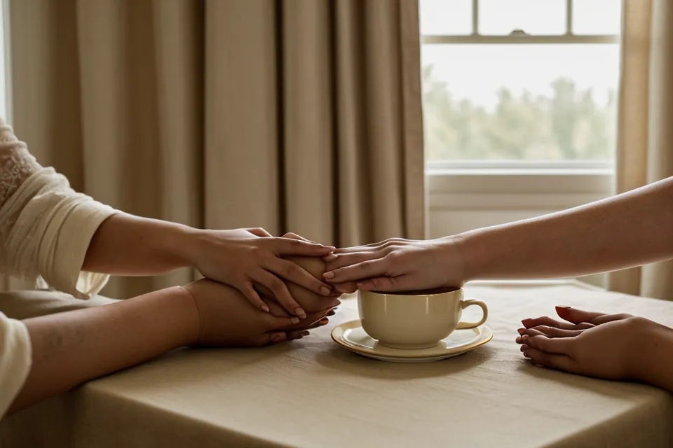 Deux mains proches sur une table, symbole de communication émotionnelle et de rapprochement en couple