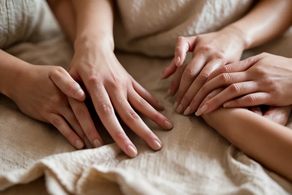 Pieds en chaussettes de laine posés côte à côte sur un tapis, signe discret de complicité de couple à la maison