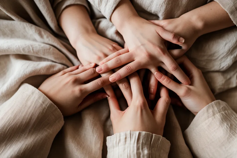 Deux mains posées l'une sur l'autre, geste simple de tendresse dans une vie de parents fatiguée
