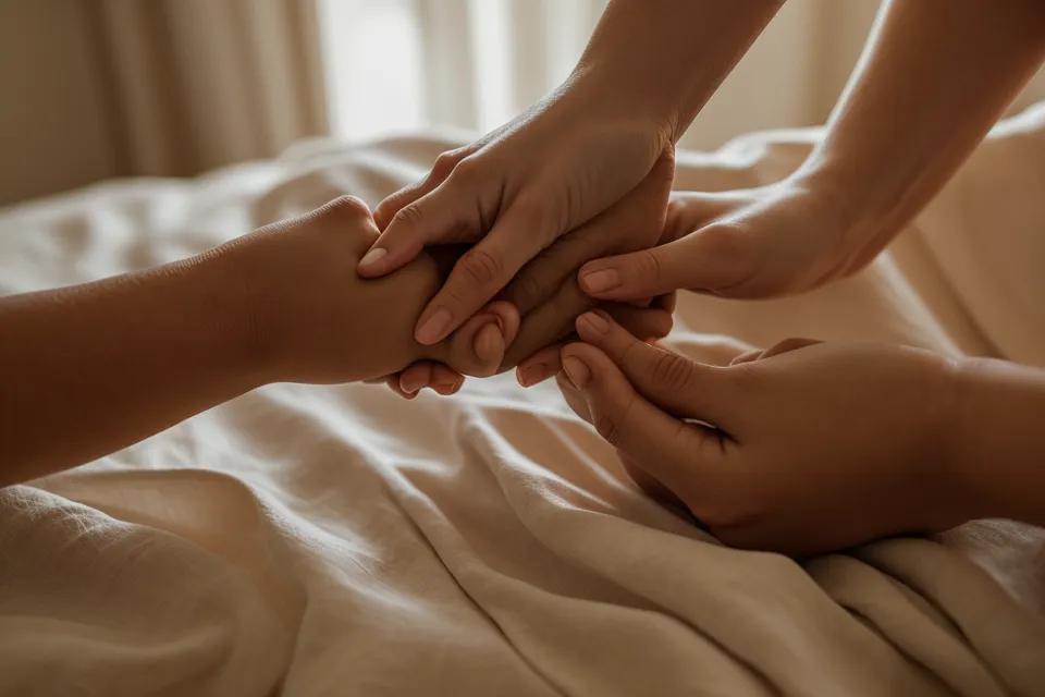 Livre ouvert sur une couette en lin, lecture du soir qui a nourri l'intimité émotionnelle du couple