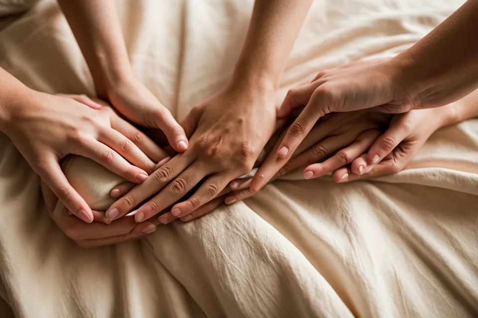 Main posée avec tendresse sur l'épaule d'un partenaire, geste de reconnexion physique dans le couple