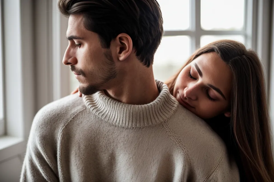 Main posée avec douceur sur l'épaule d'un partenaire, geste de tendresse quotidienne dans un couple de longue durée